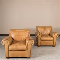 Pair Leather Library Chairs with Brass Tacking