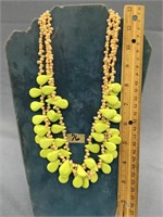 Chartreuse stone necklace, 3 strands mixed with fr