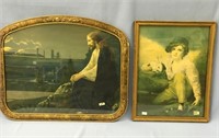 2 antique pictures, one of Jesus praying and the o