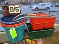 1 lot of Buckets, Tote Trays, Wall Saddle Rack