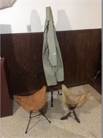 Work coat, coat rack, and 2 work stools