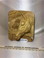 Horse and barn woodcarving