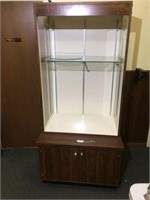 Glass display shelf with storage cabinet