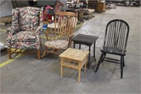 LIVING ROOM CHAIR, END TABLES, ROCKING CHAIR AND