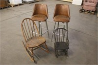 (2) WOOD ROCKING CHAIR AND (2) 28" BAR STOOLS