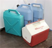 (3) 6 Gallon Plastic Water Jugs & Cooler