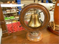 VINTAGE WOOD LAMP BASE, SMALL BOAT WHEEL W/BELL