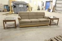 TAN COUCH WITH (2) GLASS END TABLES