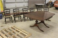 PEDESTAL DINING TABLE WITH (3) LEAVES AND (6)