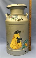 Old Alaska dairy milk can painted with a whimsical