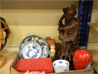 HAND CARVED WOOD ASIAN STATUE-NEEDS TLC, BLUE