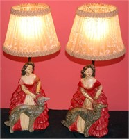A PAIR 1940s LADY AND BORZOI FIGURAL CHALK LAMPS