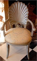 A CIRCA 1940 SHELL BACK CHAIR WITH FORTUNY FABRIC