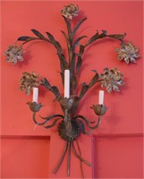 A GOOD TOLE FOLIATE AND FLOWERS THREE LIGHT SCONCE