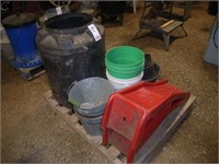 misc pails, barrel, rubber feeders,  car ramps