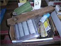 BOX OF STAPLES, WOOD LEVEL, DRAW KNIFE, FILES ETC