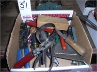 BOX W/ OIL FILTER WRENCH, SCRAPERS, WIRE STRIPPERS