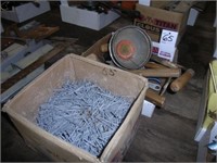 PARTIAL BOX OF 3 1/2 " NAILS, HAMMERS, FUNNEL,