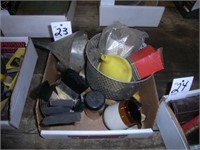 box of funnels, paint brushes, filters, strainer
