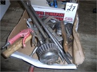 box of vice grips clamps, hammer, wire brush,