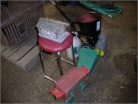 stool, fert spreader, hand sprayer, bird houses