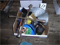 BOX W/ FUNNELS, PAINT BRUSHES, OIL CAN,