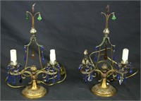 PAIR OF ANTIQUE BRONZE & COLORED GLASS CANDELABRA