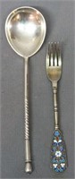 RUSSIAN SILVER SPOON AND ENAMEL DECORATED FORK
