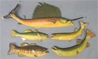 FIVE HAND CARVED AND PAINTED FISH BY R.G. JANSSON,