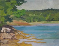 OIL ON BOARD PAINTING OF A SHORE SCENE