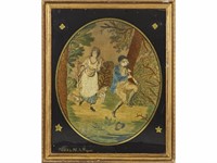Old 19C Silk Embroidery Pied Piper Mary and Lambs