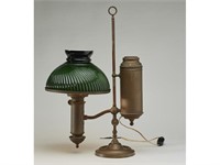 Brass 19C Student Lamp & Green Cased Glass Shade