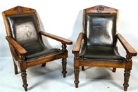 PAIR OF WOOD CARVED & LEATHER PLANTATION CHAIRS