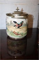 Handpainted Cracker Jar w/ birds & flowers marked