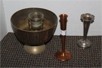 Brass Footed Bowl, Copper Bud Vase,