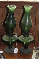 Pair of Vintage Green Glass Oil Lamps