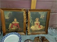 2 vintage wood framed girl & boy prints