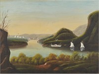 Hudson River school Sidewheeler Ship 19C Painting