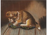 American 19C Puppy with Slipper Folk Art Picture