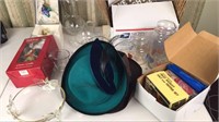 Vintage hats, glassware, Christmas