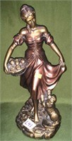 Signed Statue of A Woman With Apples and Dog