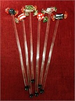 6 Art Glass Candy Head Swizzle Sticks