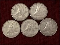 5 - 1964 Canada 10¢ Silver Coins