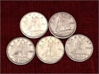 5 - 1963 Canada 10¢ Silver Coins