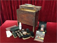 Vintage Wood Shoe Shine Stand Box & Contents