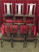 6 Vintage Wood Dining Room Chairs w/ Leather Seats