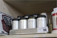 VINTAGE ALUMINUM SPICE JARS WITH RACK