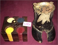 Vintage poker chips and cow hoof ashtray