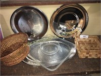 Stainless serving platters & woven baskets