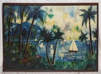 Artist Signed Oil On Canvas Of Tropical Landscape